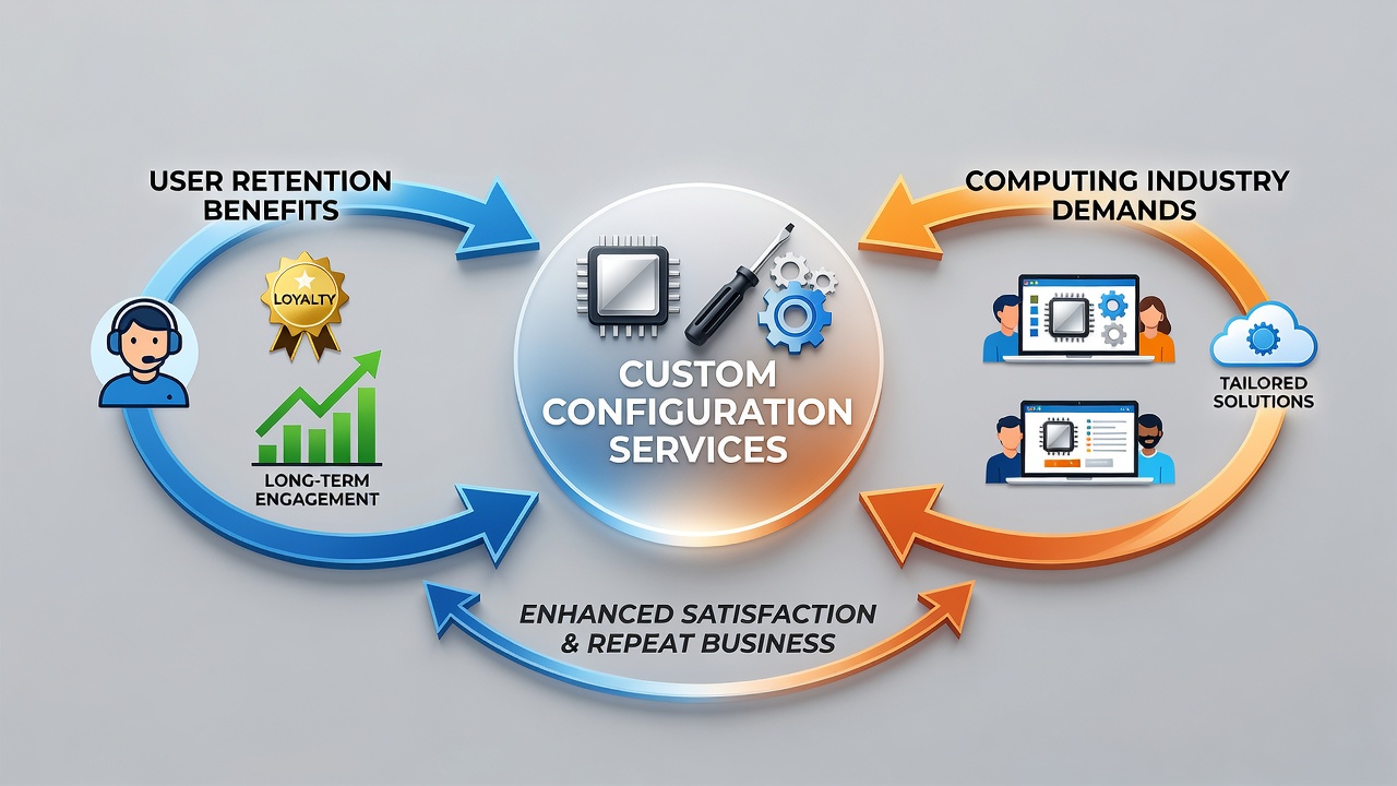 Team of technicians reviewing custom server configurations and retention analytics dashboards in a data center